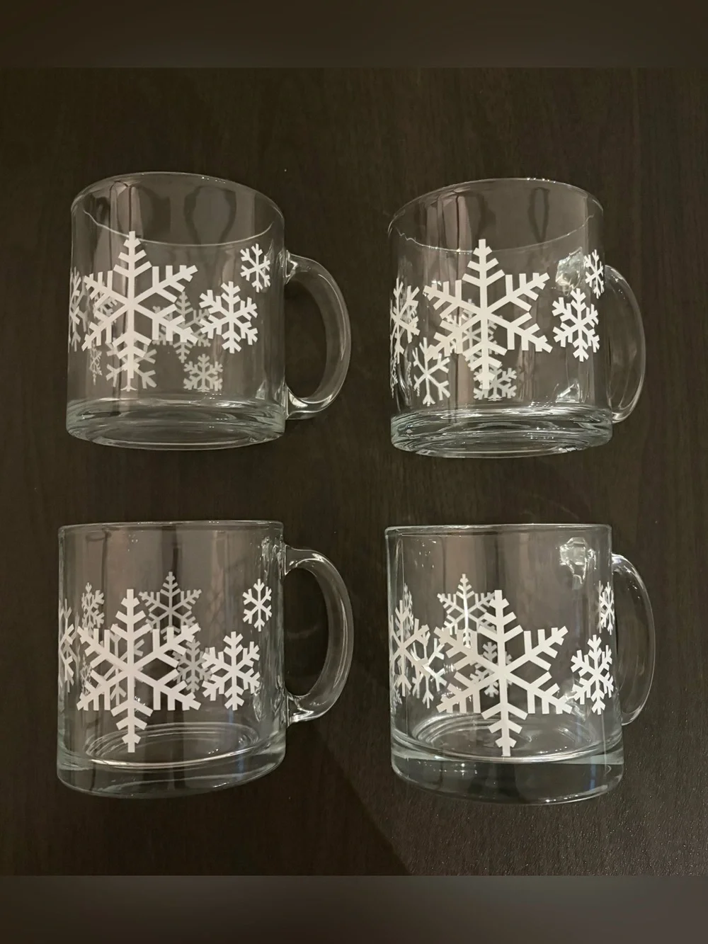Crate&Barrel Clear Glass Mug and Dessert Plate Set with White Snowflake Motif